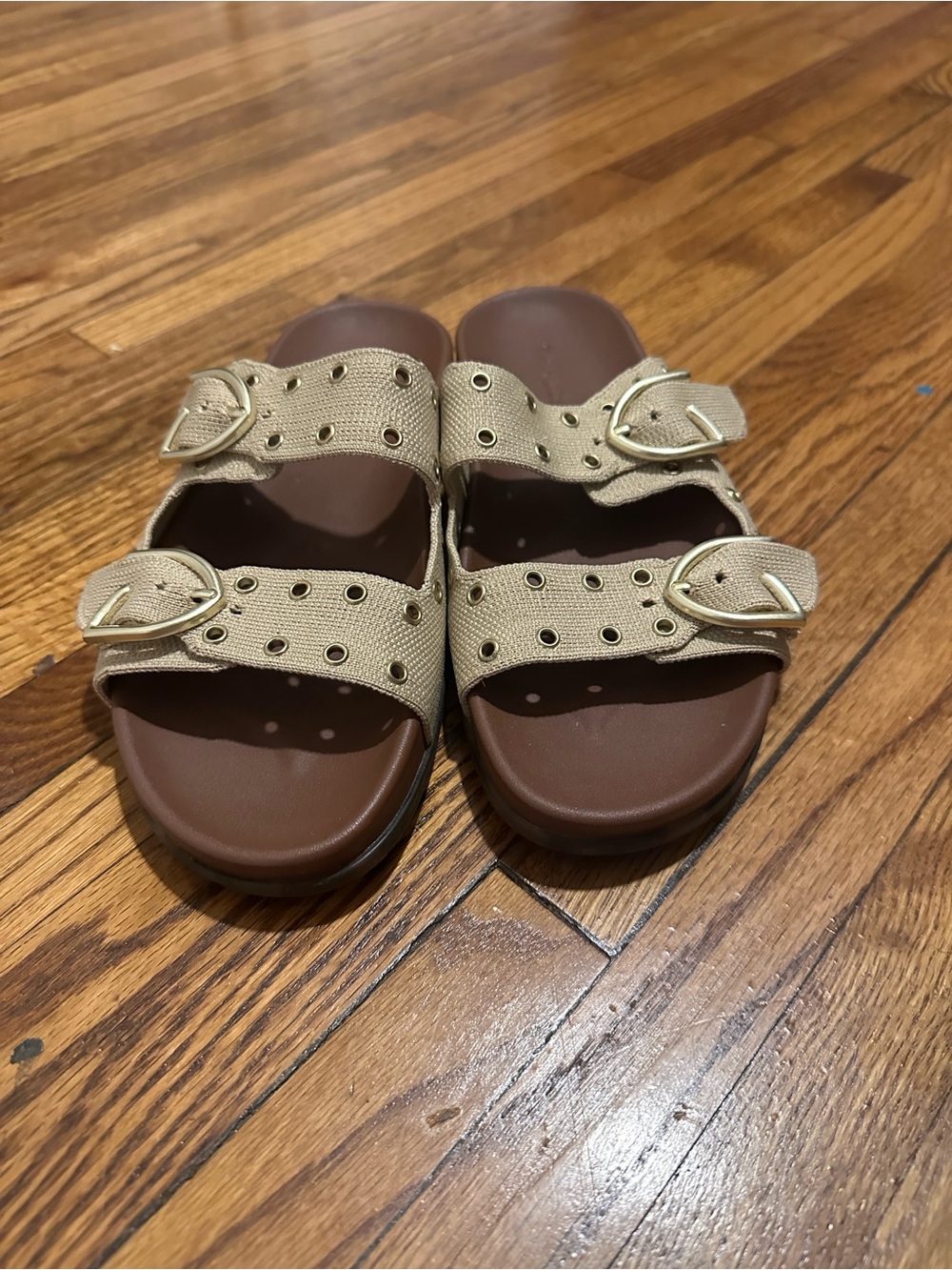 Rothy's Beige Double-Buckle Slide Sandals